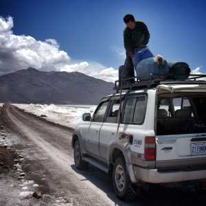 Refueling in the Uyuni Salt Flats