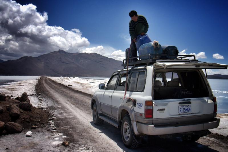 Refueling in the Uyuni Salt Flats