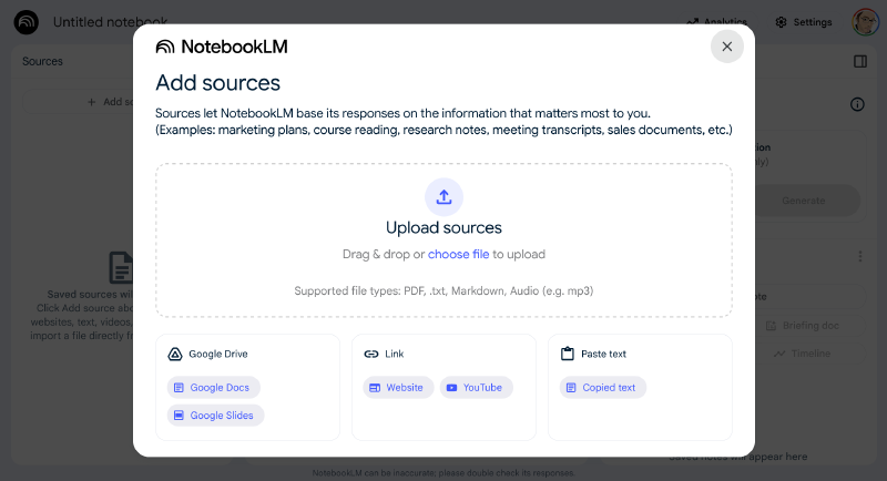 Once you've created a notebook, add sources for the topic