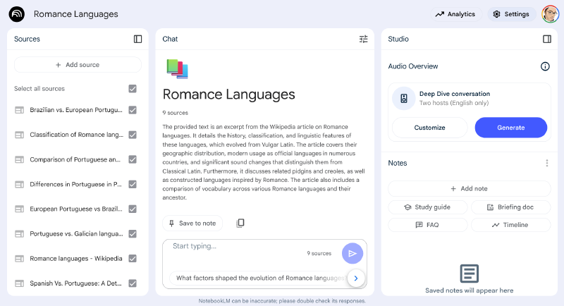 A notebook populated with sources